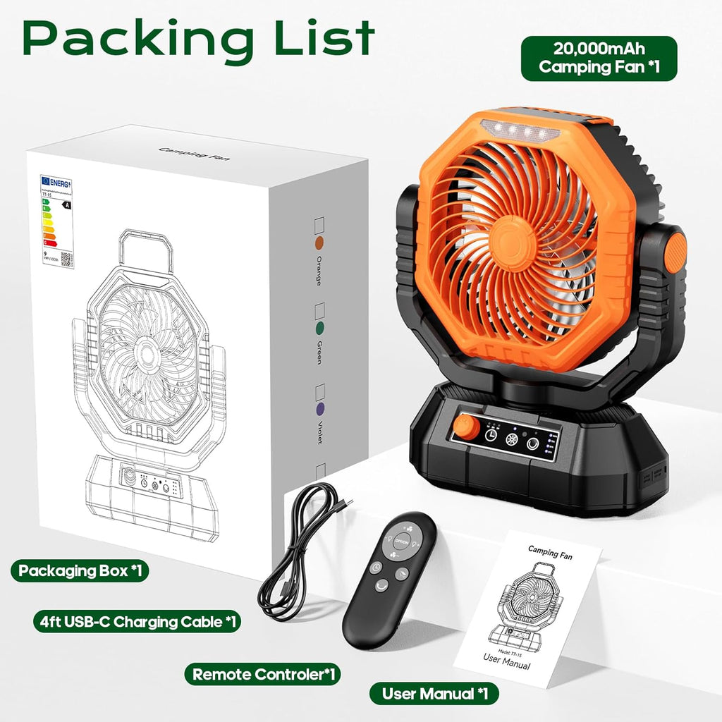 Camping Fan, 20000Mah Rechargeable Battery Fan with Remote, Stepless Speed, 270° Rotation, Timer Mode, Hook, LED Light, Personal Desk USB Fans for Outdoor Tent Camping (Orange)
