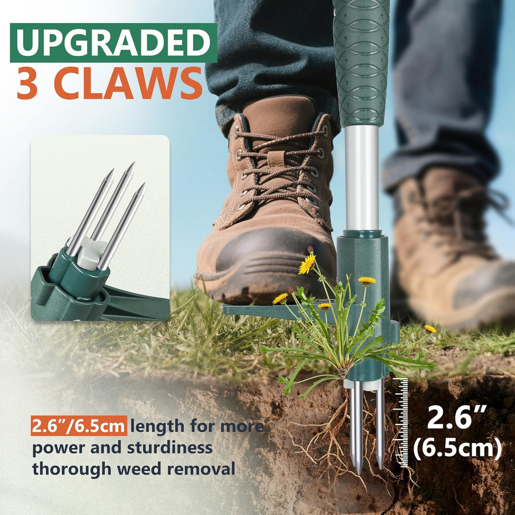 Weed Puller Stand up Weeder Hand Tool with 3 Claws for Dandelion, Steel Twist Hand Weed Root Pulling Tool, 39.4" Long Handle Lawn Easy Root Remover Garden Tool with T-Grip, Forest Green