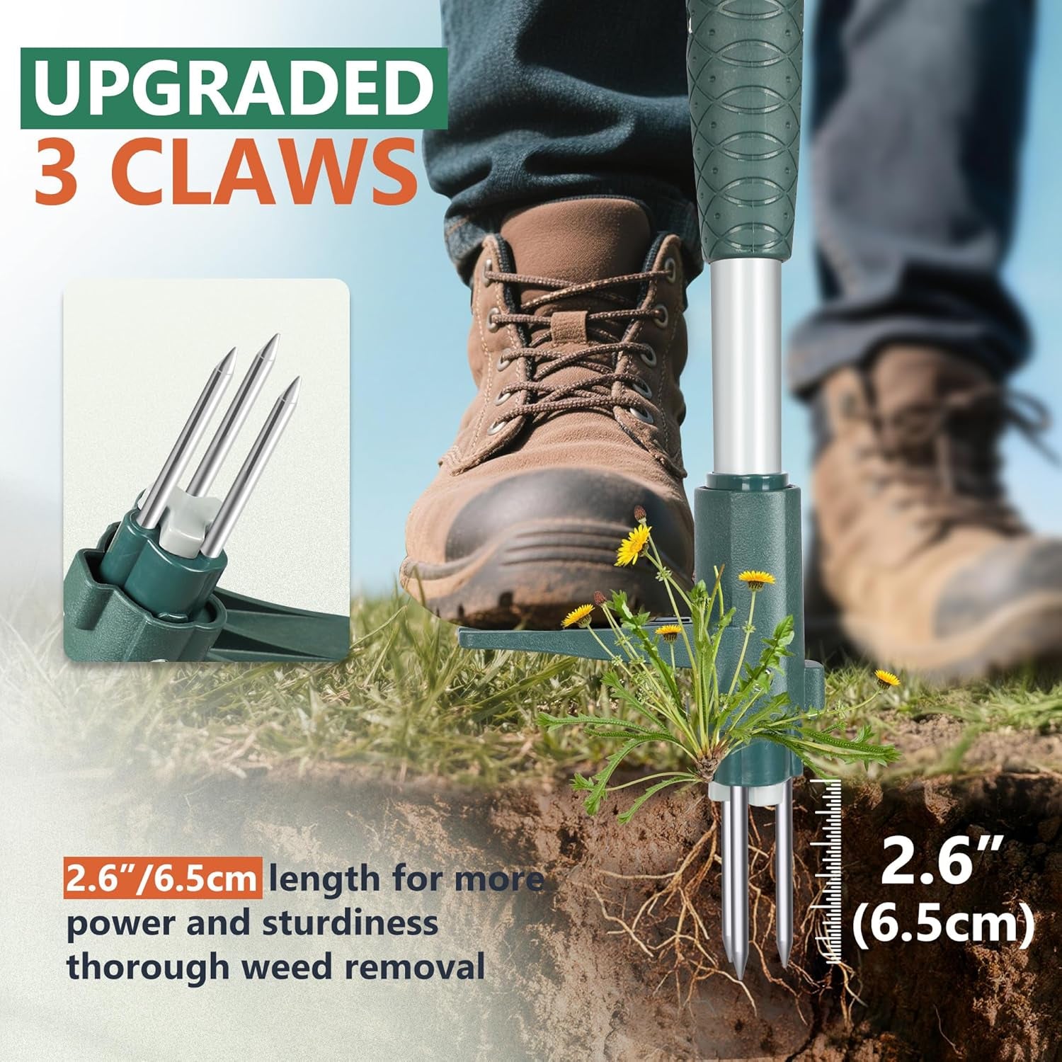 Weed Puller Stand up Weeder Hand Tool with 3 Claws for Dandelion, Steel Twist Hand Weed Root Pulling Tool, 39.4" Long Handle Lawn Easy Root Remover Garden Tool with T-Grip, Forest Green