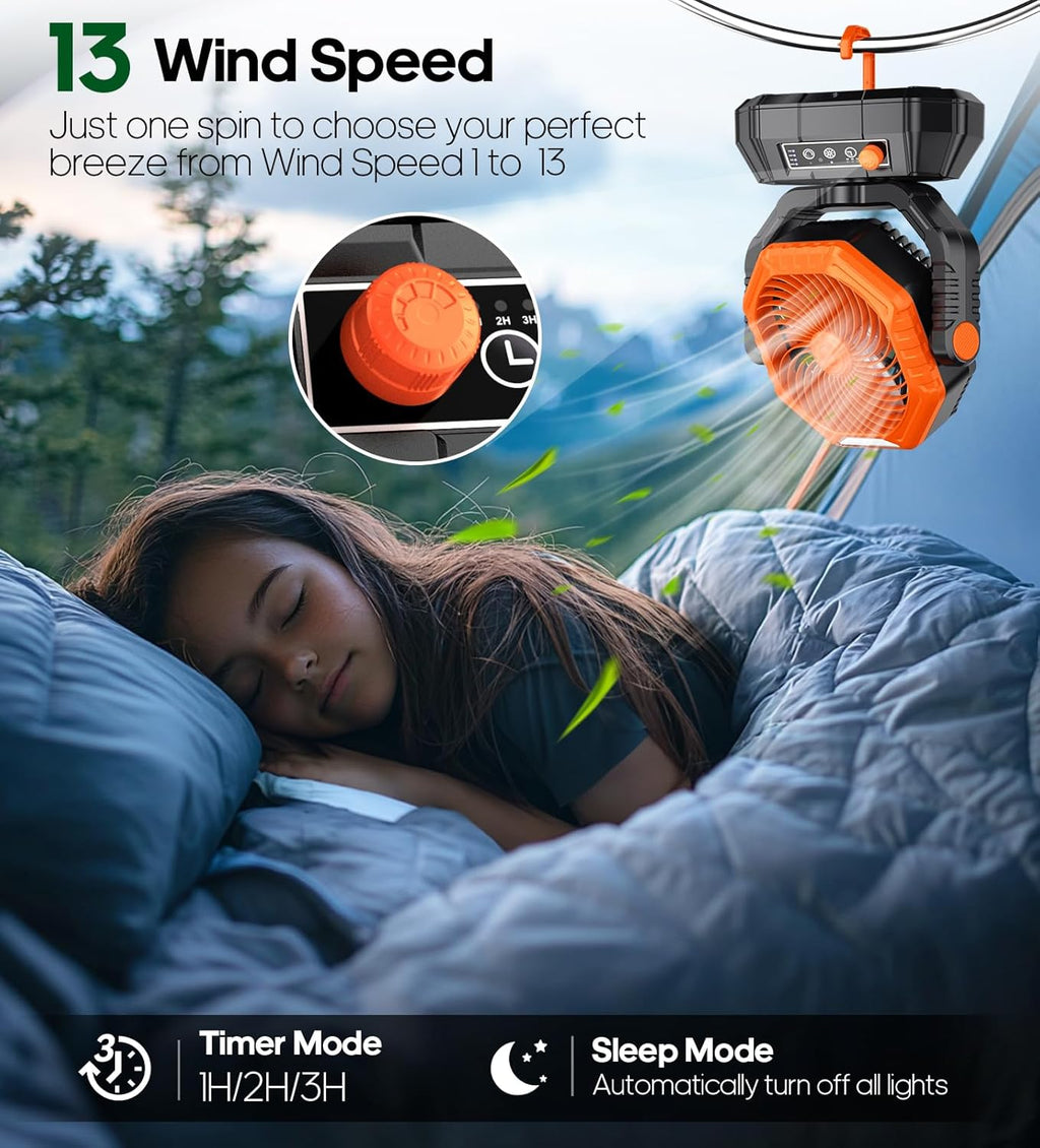 Camping Fan, 20000Mah Rechargeable Battery Fan with Remote, Stepless Speed, 270° Rotation, Timer Mode, Hook, LED Light, Personal Desk USB Fans for Outdoor Tent Camping (Orange)