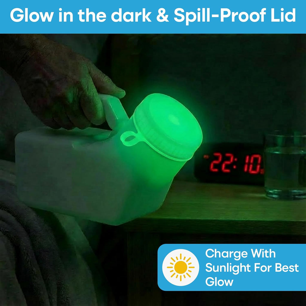 Urinals for Men Glow in the Dark Lid by  (1 Pack) - 32Oz/1000Ml Thick Plastic Mens Bedpan Bottle with Screw-On Lid - Spill Proof Urinary Chamber - Male Portable Travel Pee Bottles