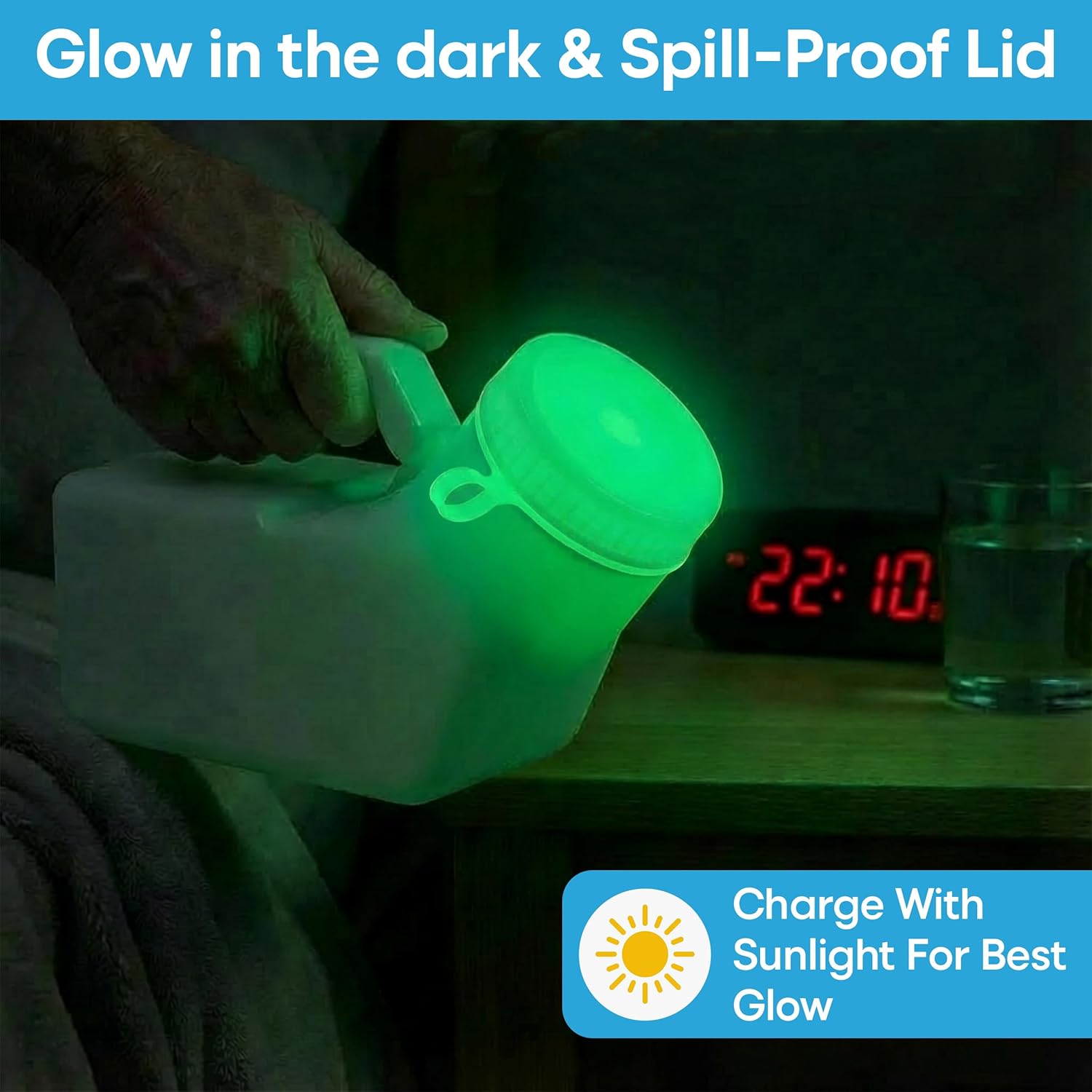 Urinals for Men Glow in the Dark Lid by  (1 Pack) - 32Oz/1000Ml Thick Plastic Mens Bedpan Bottle with Screw-On Lid - Spill Proof Urinary Chamber - Male Portable Travel Pee Bottles