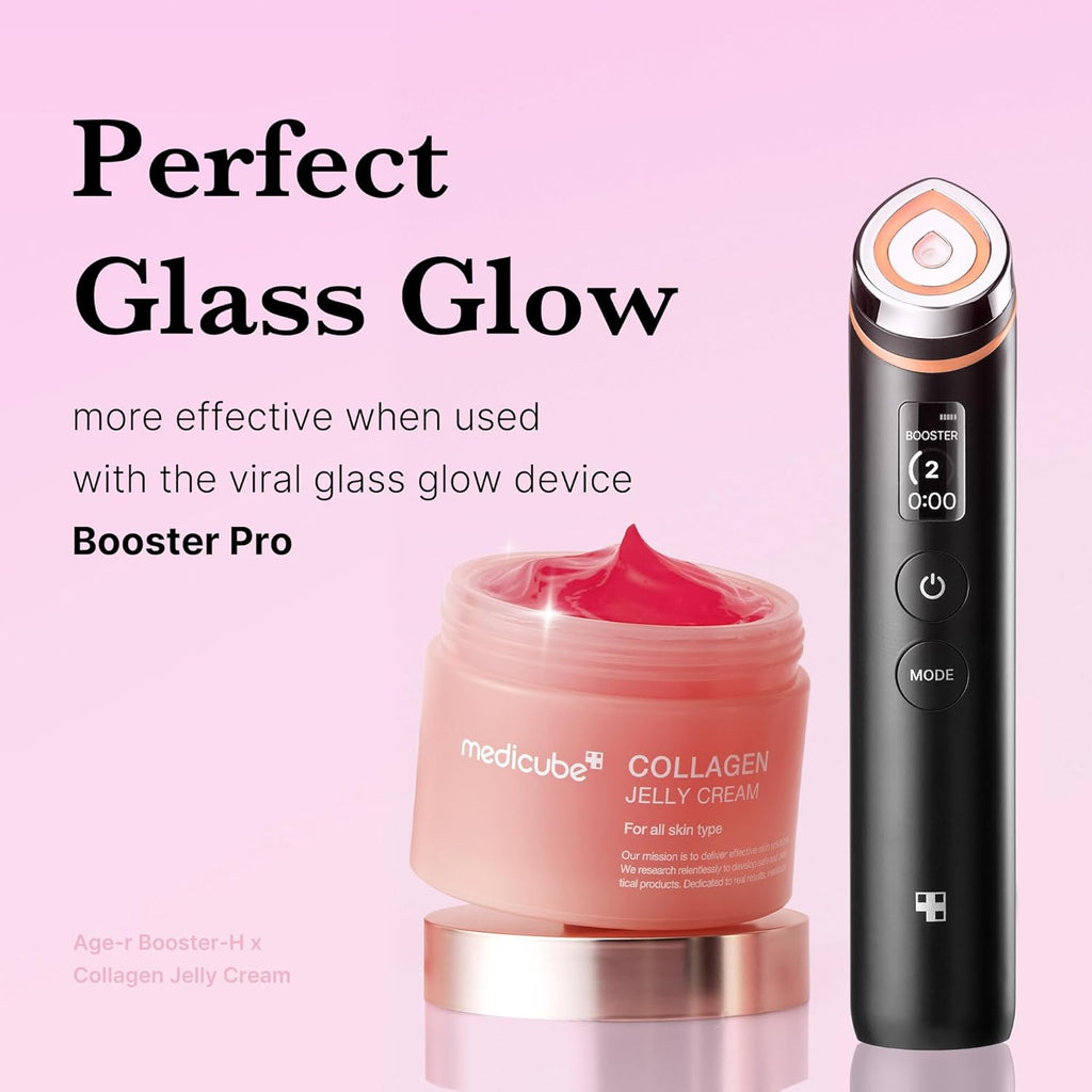 Collagen Glass Skin Duo: Age-R Booster Pro Black and Collagen Jelly Cream 110Ml (3.71 Fl.Oz) | for Radiant and Firmer-Looking Glow | At-Home Care