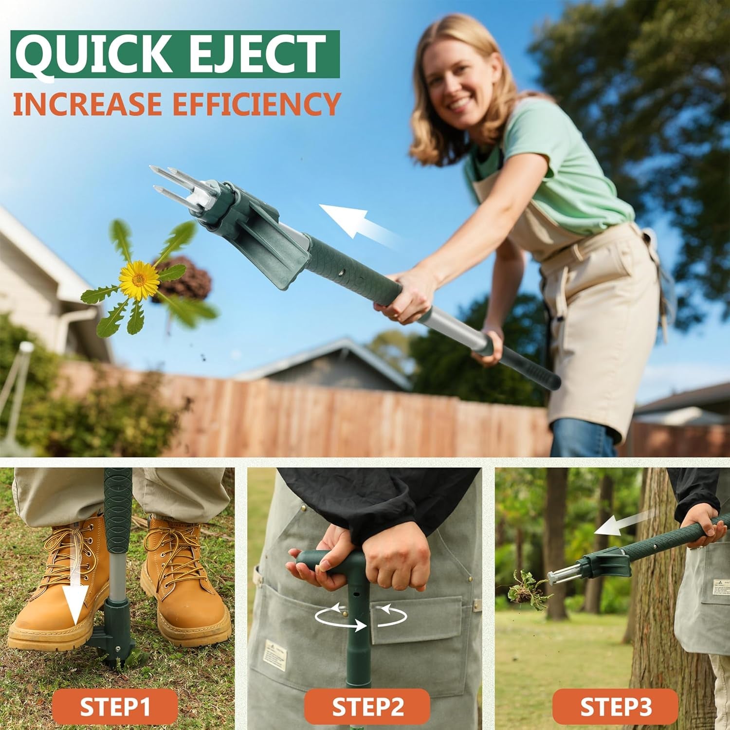 Weed Puller Stand up Weeder Hand Tool with 3 Claws for Dandelion, Steel Twist Hand Weed Root Pulling Tool, 39.4" Long Handle Lawn Easy Root Remover Garden Tool with T-Grip, Forest Green
