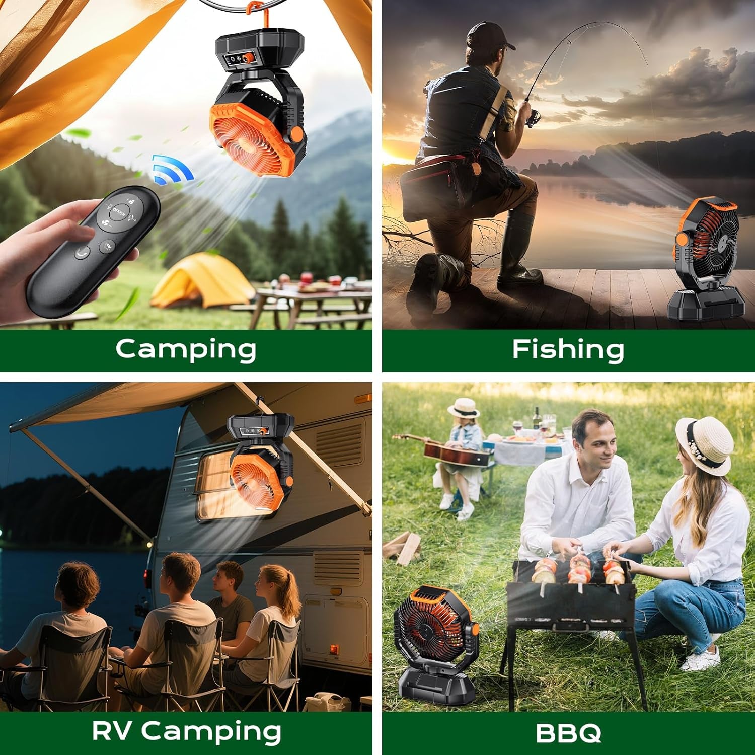Camping Fan, 20000Mah Rechargeable Battery Fan with Remote, Stepless Speed, 270° Rotation, Timer Mode, Hook, LED Light, Personal Desk USB Fans for Outdoor Tent Camping (Orange)