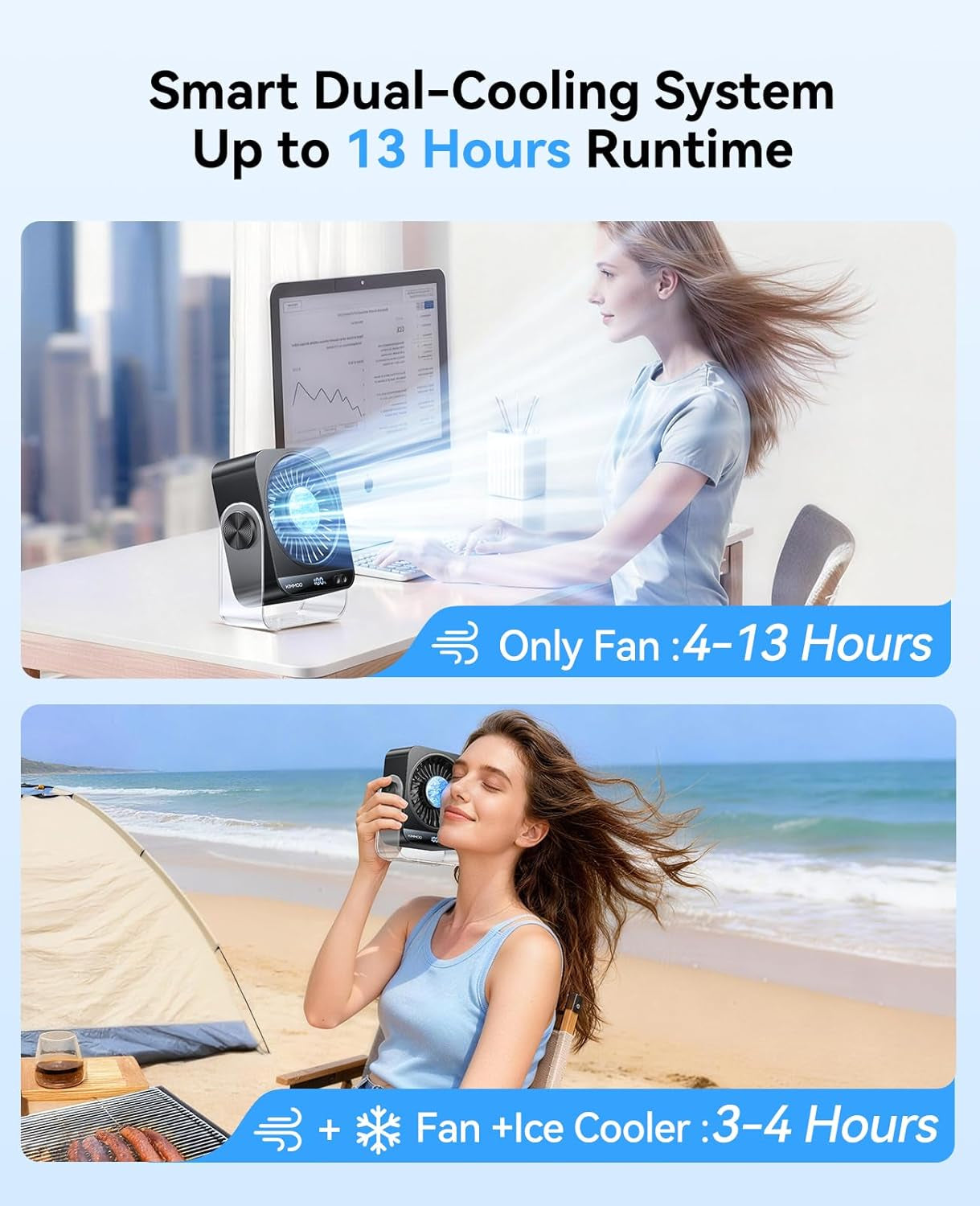 USB Rechargeable Desk Fan, 199 Speeds Portable Table Fan with Ice Cooling & Digital Display, 270° Rotating Quiet Turbo Fan for Bedroom Home Office (Black)