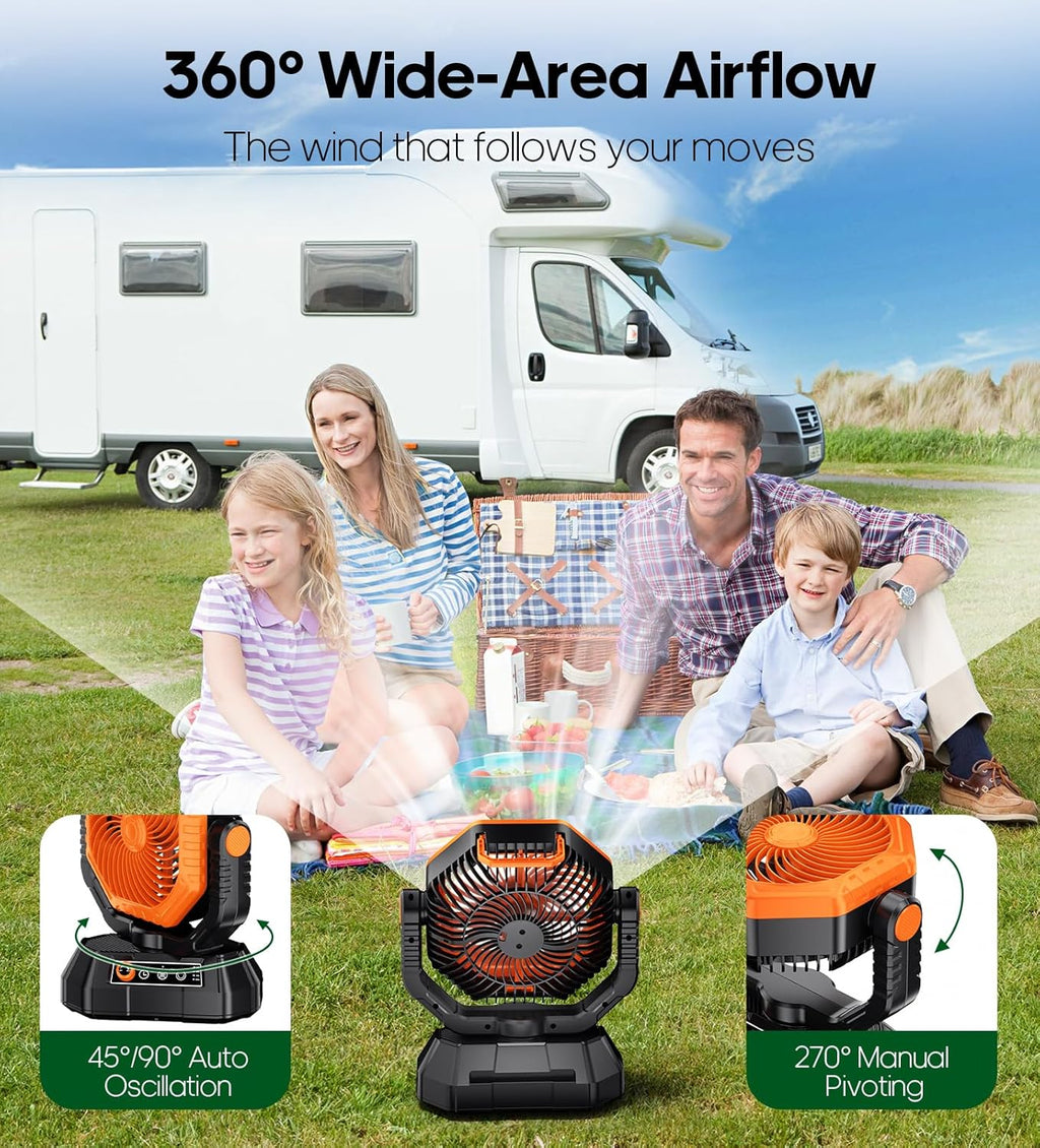 Camping Fan, 20000Mah Rechargeable Battery Fan with Remote, Stepless Speed, 270° Rotation, Timer Mode, Hook, LED Light, Personal Desk USB Fans for Outdoor Tent Camping (Orange)
