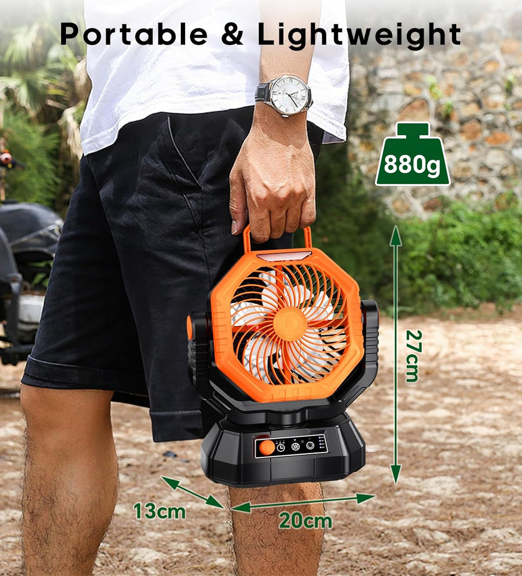 Camping Fan, 20000Mah Rechargeable Battery Fan with Remote, Stepless Speed, 270° Rotation, Timer Mode, Hook, LED Light, Personal Desk USB Fans for Outdoor Tent Camping (Orange)