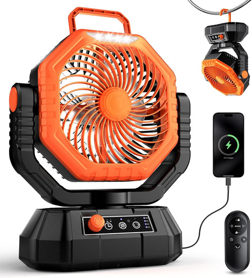 Camping Fan, 20000Mah Rechargeable Battery Fan with Remote, Stepless Speed, 270° Rotation, Timer Mode, Hook, LED Light, Personal Desk USB Fans for Outdoor Tent Camping (Orange)