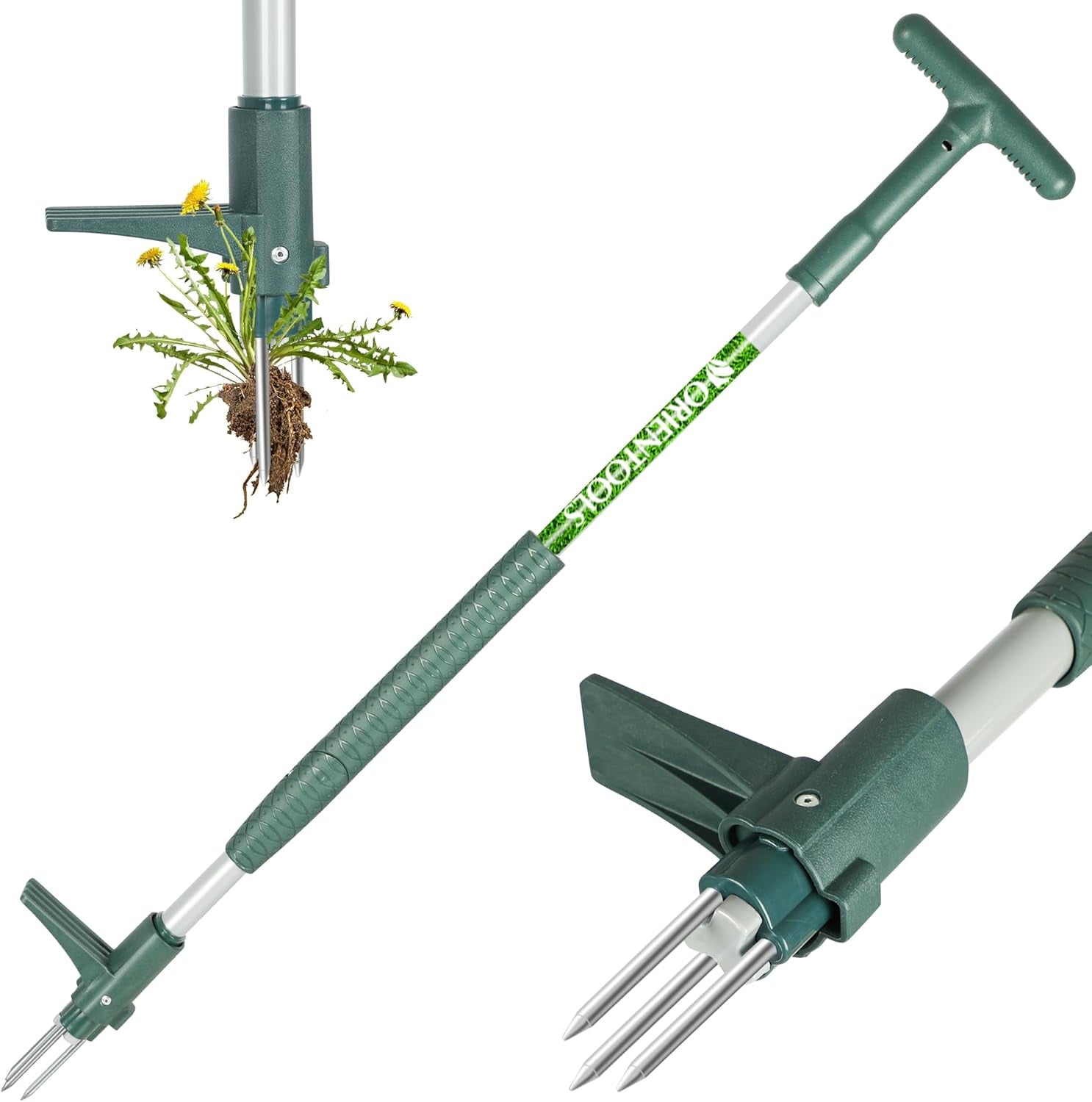 Weed Puller Stand up Weeder Hand Tool with 3 Claws for Dandelion, Steel Twist Hand Weed Root Pulling Tool, 39.4" Long Handle Lawn Easy Root Remover Garden Tool with T-Grip, Forest Green