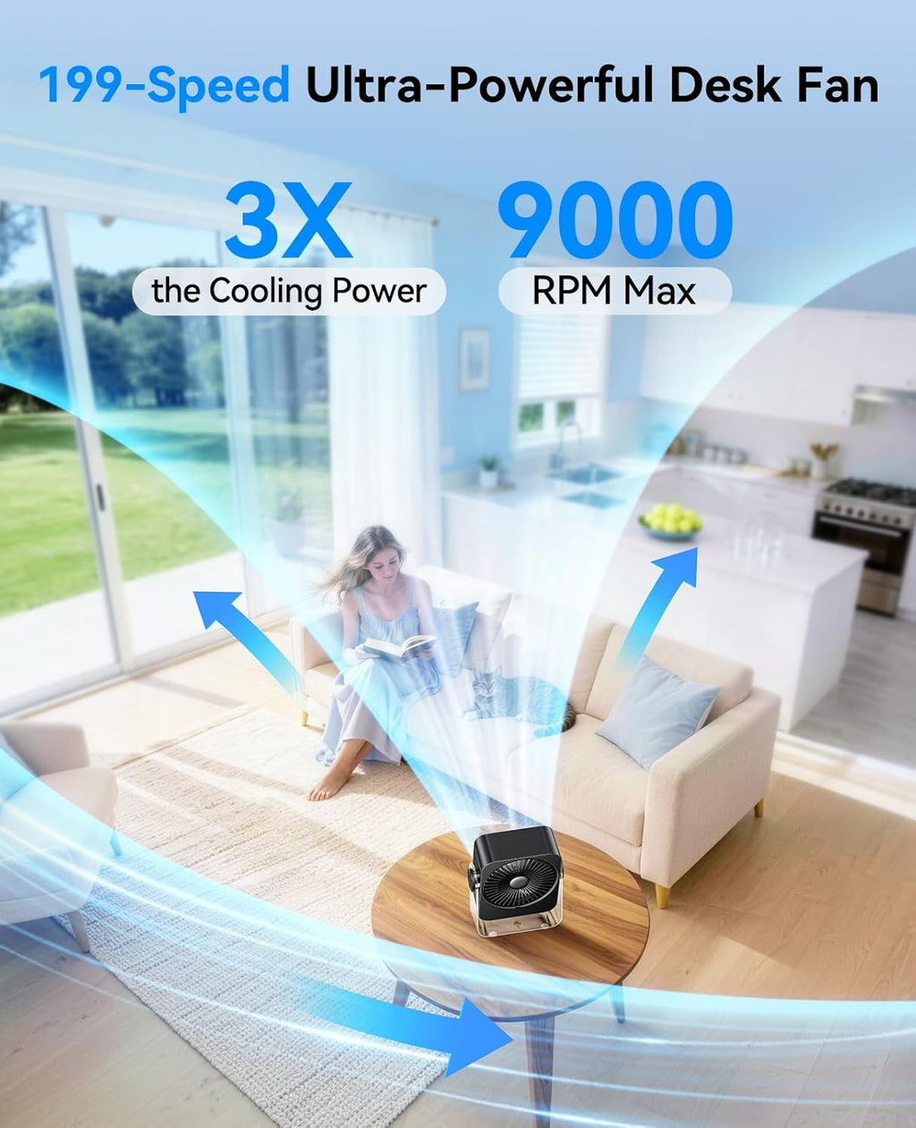 USB Rechargeable Desk Fan, 199 Speeds Portable Table Fan with Ice Cooling & Digital Display, 270° Rotating Quiet Turbo Fan for Bedroom Home Office (Black)